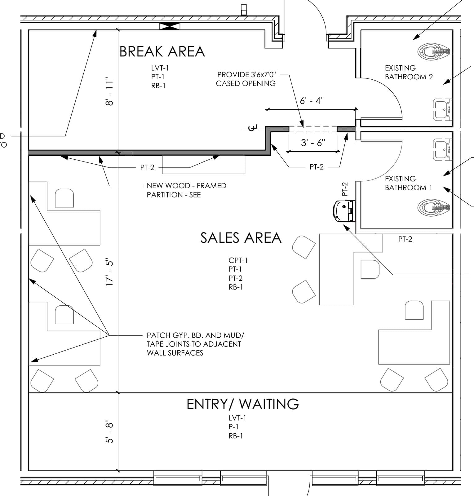 Floor plan of Suite 202: entry and waiting area at the storefront, an open sales and work area, a break area, and two existing restrooms